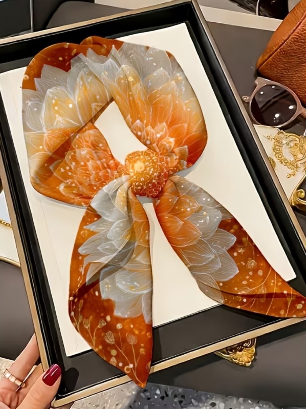 Elegant Floral Neck Scarf - Orange Creamsicle